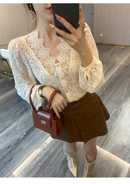 Women's Lace Splice Striped Blouse