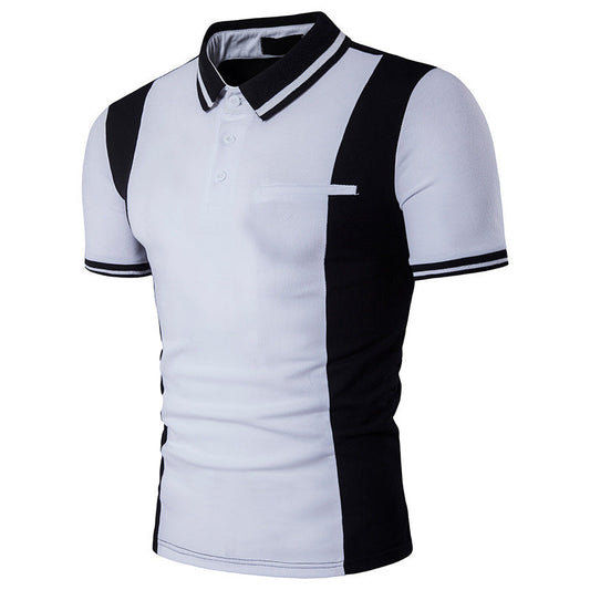 Manga corta, cuello solapa, contraste blanco y negro, talla grande informal