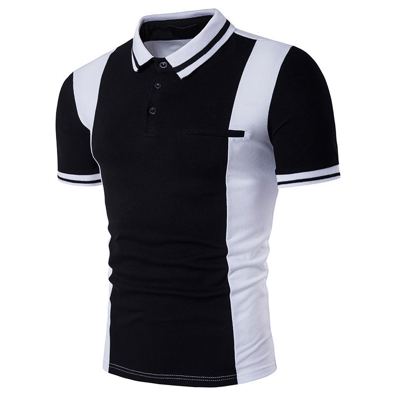 Casual Black And White Contrast Lapel Short Sleeve Plus Size
