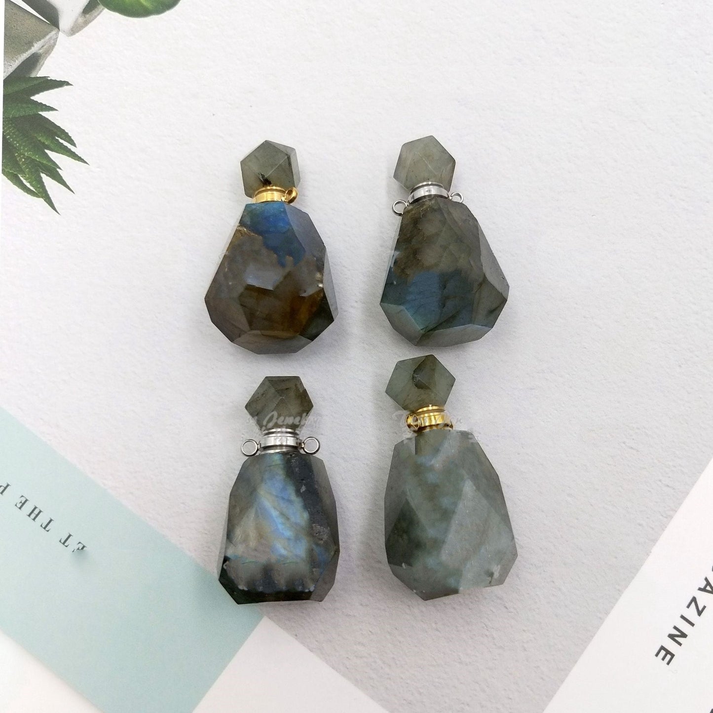 Nouveaux produits Accessoires Collier avec pendentif bouteille de parfum géométrique à facettes en labradorite naturelle pour aromathérapie et huiles essentielles