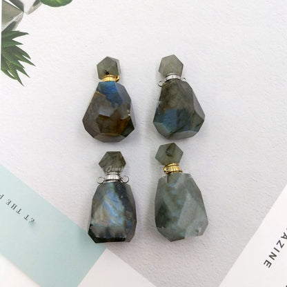 Nouveaux produits Accessoires Collier avec pendentif bouteille de parfum géométrique à facettes en labradorite naturelle pour aromathérapie et huiles essentielles