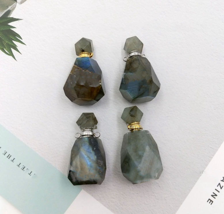 Nouveaux produits Accessoires Collier avec pendentif bouteille de parfum géométrique à facettes en labradorite naturelle pour aromathérapie et huiles essentielles