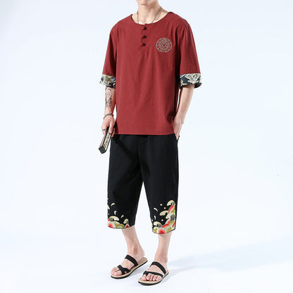 Japanesex Kimonos Summer 6 Colors Short-Sleeved T-shirt Harajuku Yukata Japan Embroidered Linen Men Shirts Trousers Asian Costume