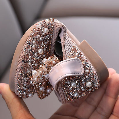 Chaussures en cuir pour filles Style printemps et automne Chaussures simples Strass Chaussures de princesse Chaussures de spectacle
