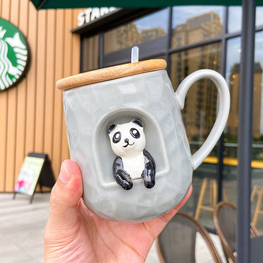 Three-dimensional Relief Ceramic Spoon With Lid Animal Shiba Inu Cup Office Water Cup Female