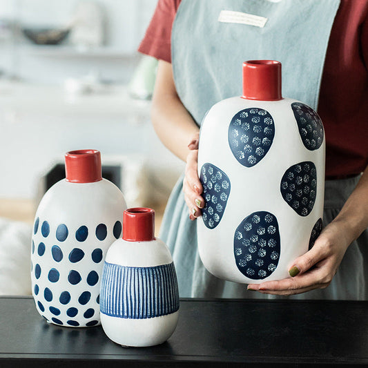 Arreglo floral seco creativo estilo japonés Jarrón de boca pequeña de cerámica azul Adornos decorativos para sala de estar Leitler