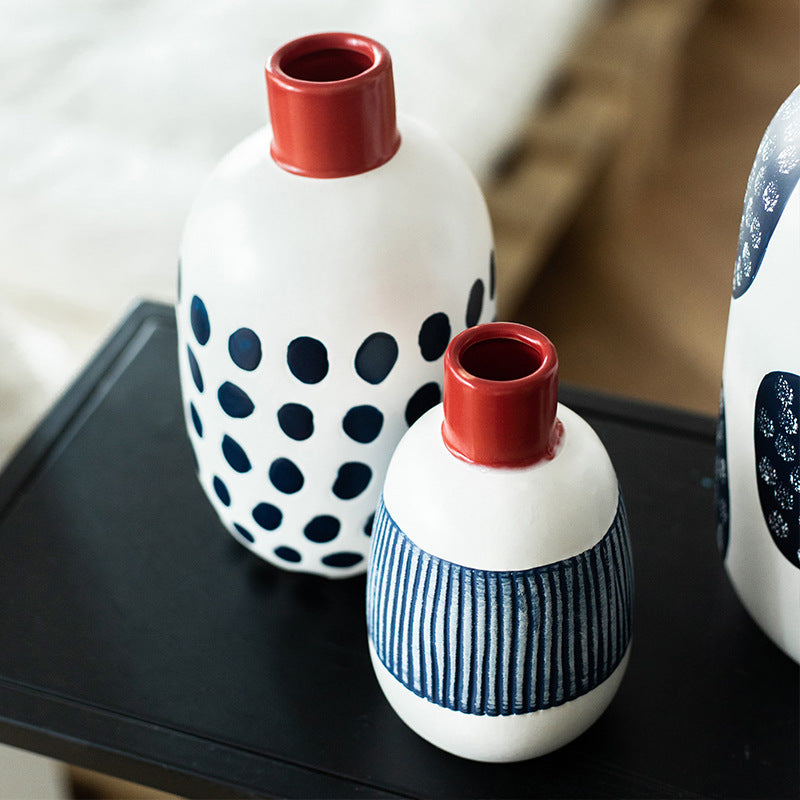 Arreglo floral seco creativo estilo japonés Jarrón de boca pequeña de cerámica azul Adornos decorativos para sala de estar Leitler