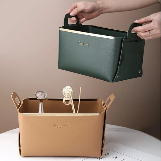 Cestas de almacenamiento de cosméticos tipo bandeja nórdica de cuero sintético para escritorio, caja de almacenamiento grande plegable, para sala de estar, dormitorio, artículos diversos, joyas, llaves, decoración.
