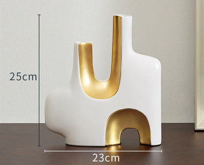 Luxury Ceramic Vase Decoration Desktop Flower Arrangement Abstract Art Double Mouth White Floral Modern Home Decoration Wedding