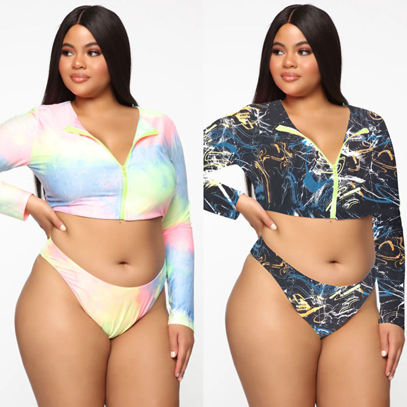 Bikini de manga larga con cremallera, traje de baño sexy colorido de talla grande