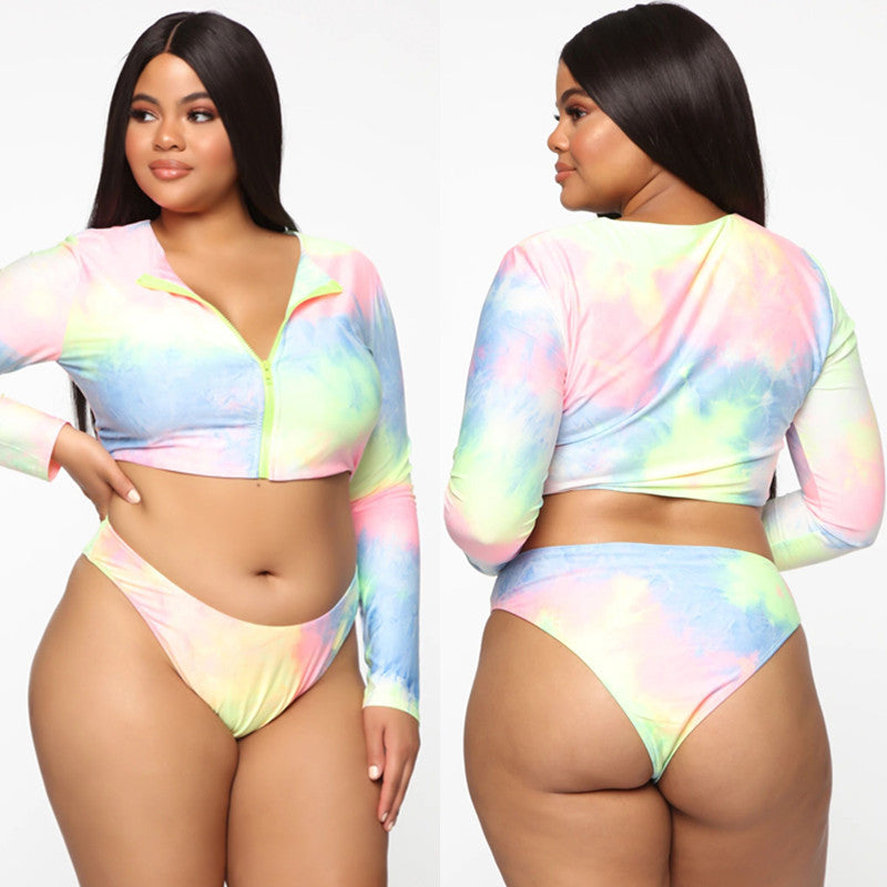 Bikini de manga larga con cremallera, traje de baño sexy colorido de talla grande