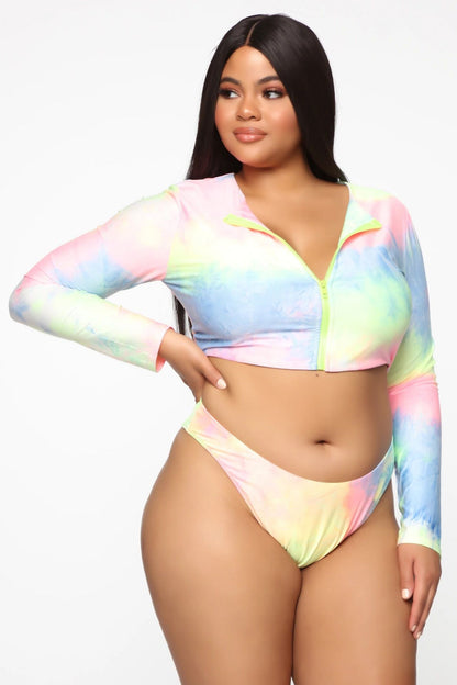 Bikini de manga larga con cremallera, traje de baño sexy colorido de talla grande
