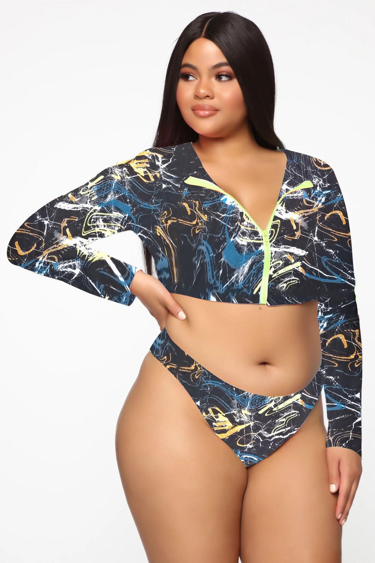 Bikini de manga larga con cremallera, traje de baño sexy colorido de talla grande