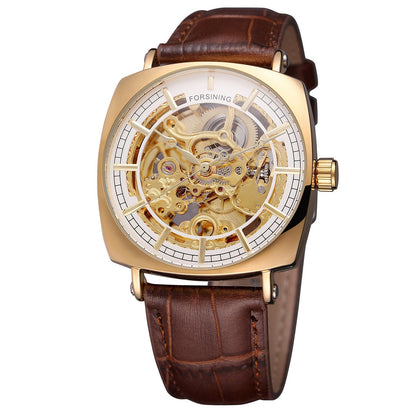 Forsining Cuir Véritable Noir Mode Luxe Royal Or Horloge Squelette Transparent Hommes Montres Mécaniques Automatiques Meilleure Marque