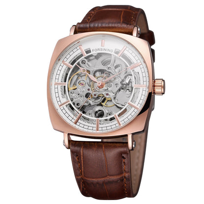 Forsining Cuir Véritable Noir Mode Luxe Royal Or Horloge Squelette Transparent Hommes Montres Mécaniques Automatiques Meilleure Marque