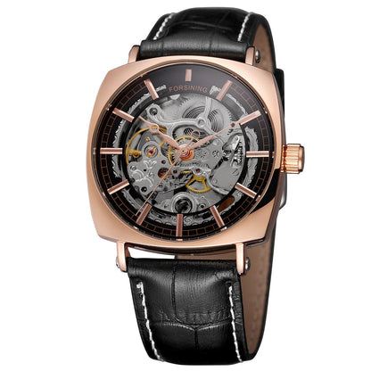 Forsining Cuir Véritable Noir Mode Luxe Royal Or Horloge Squelette Transparent Hommes Montres Mécaniques Automatiques Meilleure Marque