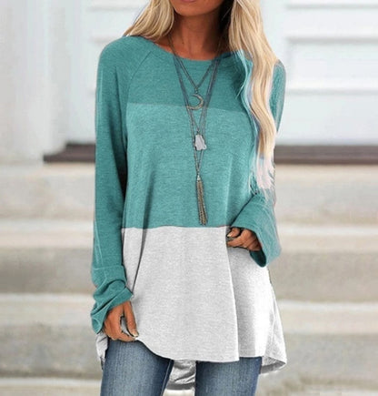 New Women's Long Sleeved Round Neck Stitching Casual Plus Size T Shirt