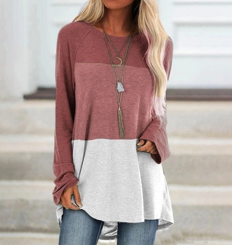 New Women's Long Sleeved Round Neck Stitching Casual Plus Size T Shirt