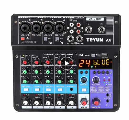 Table de mixage professionnelle 6 canaux Carte son en direct Tout-en-un Multifonction Dispositif d'effets pour téléphone portable et ordinateur