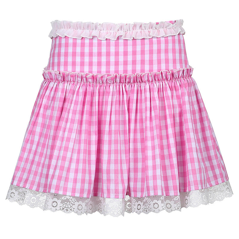 Jupe Plissée Courte Sexy Femme Taille Haute À Carreaux Et En Dentelle