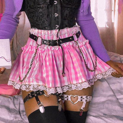 Jupe Plissée Courte Sexy Femme Taille Haute À Carreaux Et En Dentelle