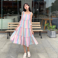Robe Salopette Rayée Arc-en-ciel d'Été, Style Coréen Ample pour Fille, Robe de Plage Longue Ample Style Vacances à la Française