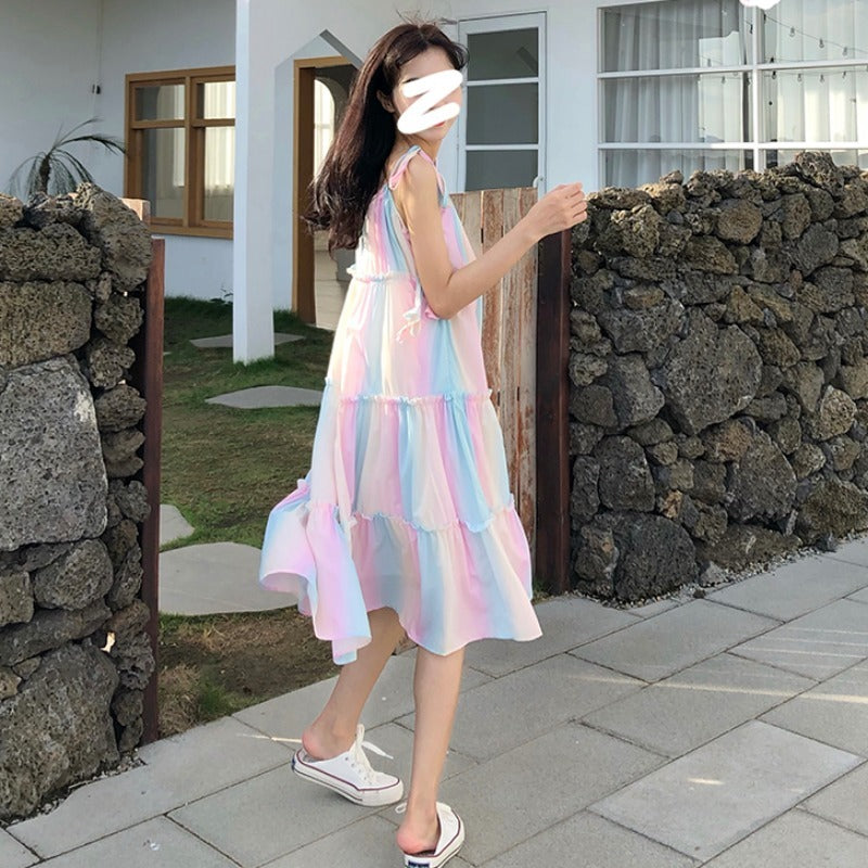 Robe Salopette Rayée Arc-en-ciel d'Été, Style Coréen Ample pour Fille, Robe de Plage Longue Ample Style Vacances à la Française