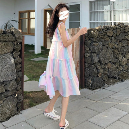 Robe Salopette Rayée Arc-en-ciel d'Été, Style Coréen Ample pour Fille, Robe de Plage Longue Ample Style Vacances à la Française