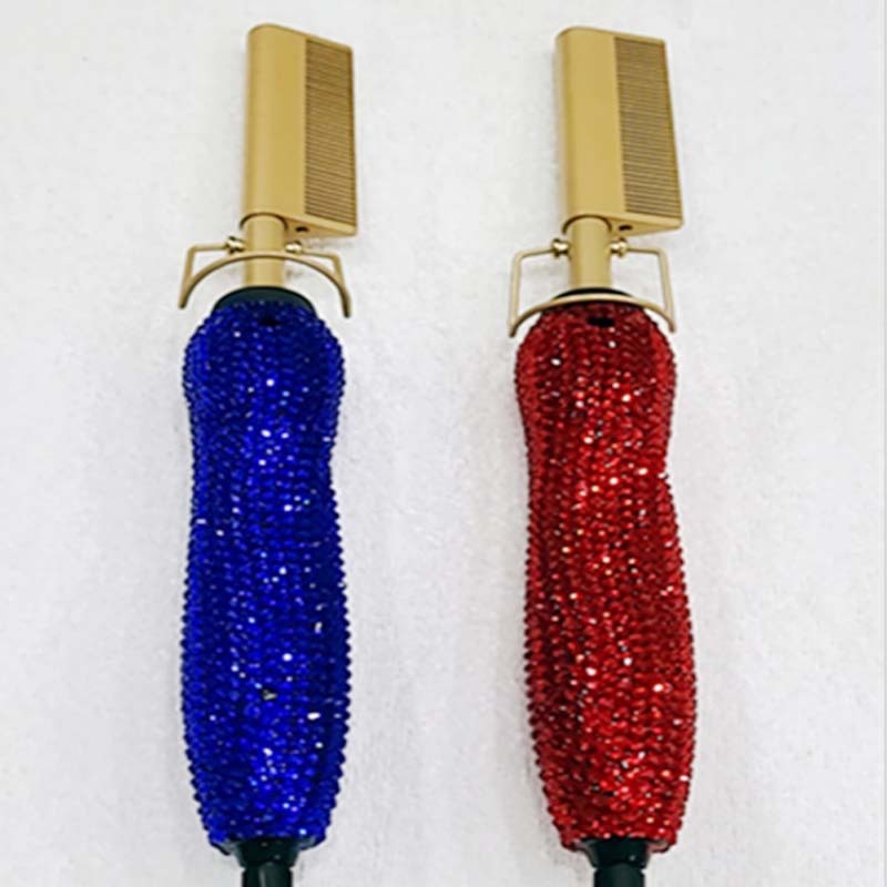 Peine de peluquería para rizos y lisos con diamantes de imitación de cristal, set dual de peine y plancha para el cabello con diamantes dorados
