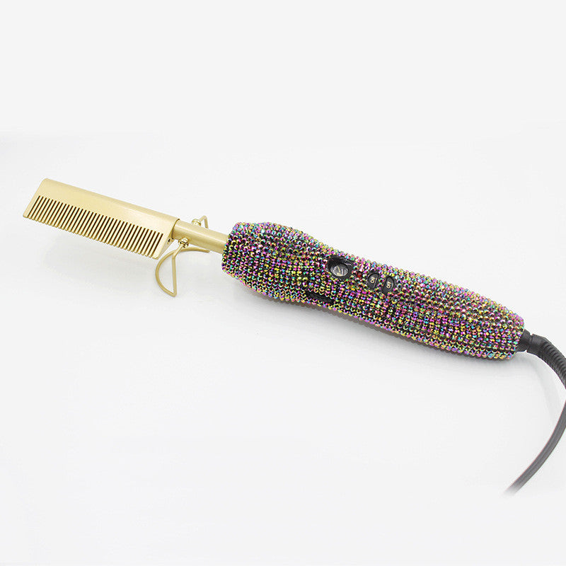 Peine de peluquería para rizos y lisos con diamantes de imitación de cristal, set dual de peine y plancha para el cabello con diamantes dorados