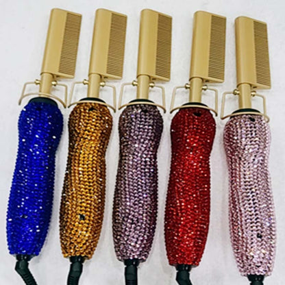 Peine de peluquería para rizos y lisos con diamantes de imitación de cristal, set dual de peine y plancha para el cabello con diamantes dorados