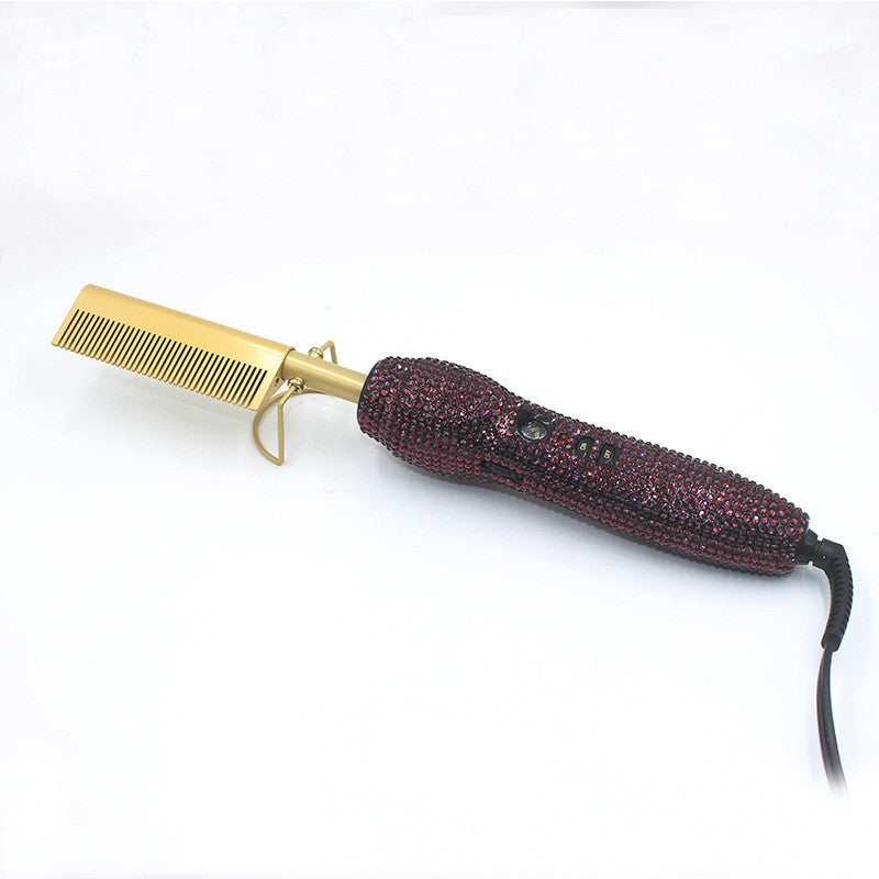 Peine de peluquería para rizos y lisos con diamantes de imitación de cristal, set dual de peine y plancha para el cabello con diamantes dorados