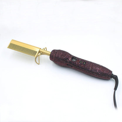 Peine de peluquería para rizos y lisos con diamantes de imitación de cristal, set dual de peine y plancha para el cabello con diamantes dorados