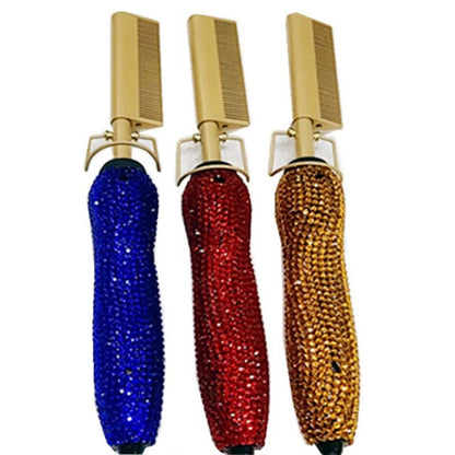 Peine de peluquería para rizos y lisos con diamantes de imitación de cristal, set dual de peine y plancha para el cabello con diamantes dorados