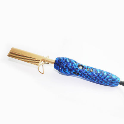 Peine de peluquería para rizos y lisos con diamantes de imitación de cristal, set dual de peine y plancha para el cabello con diamantes dorados