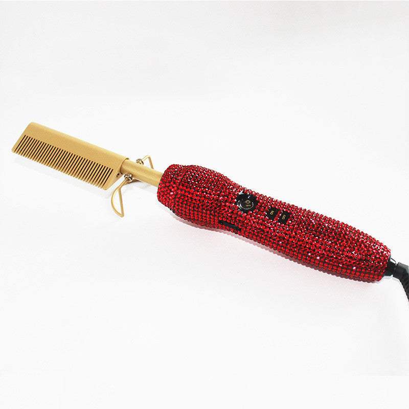 Peine de peluquería para rizos y lisos con diamantes de imitación de cristal, set dual de peine y plancha para el cabello con diamantes dorados