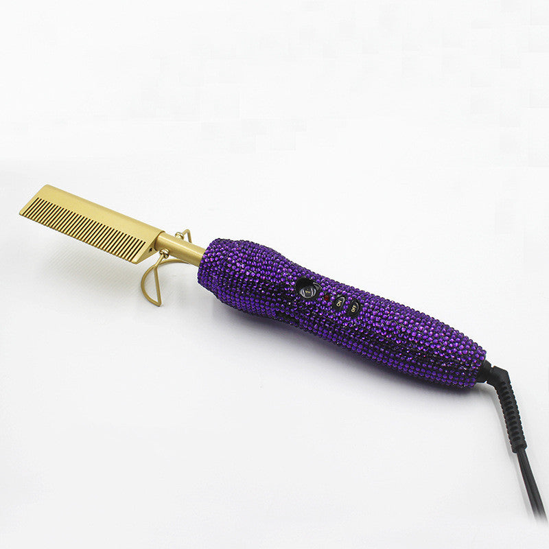 Peine de peluquería para rizos y lisos con diamantes de imitación de cristal, set dual de peine y plancha para el cabello con diamantes dorados