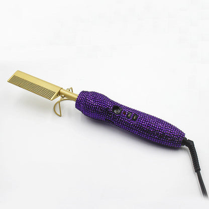 Peine de peluquería para rizos y lisos con diamantes de imitación de cristal, set dual de peine y plancha para el cabello con diamantes dorados