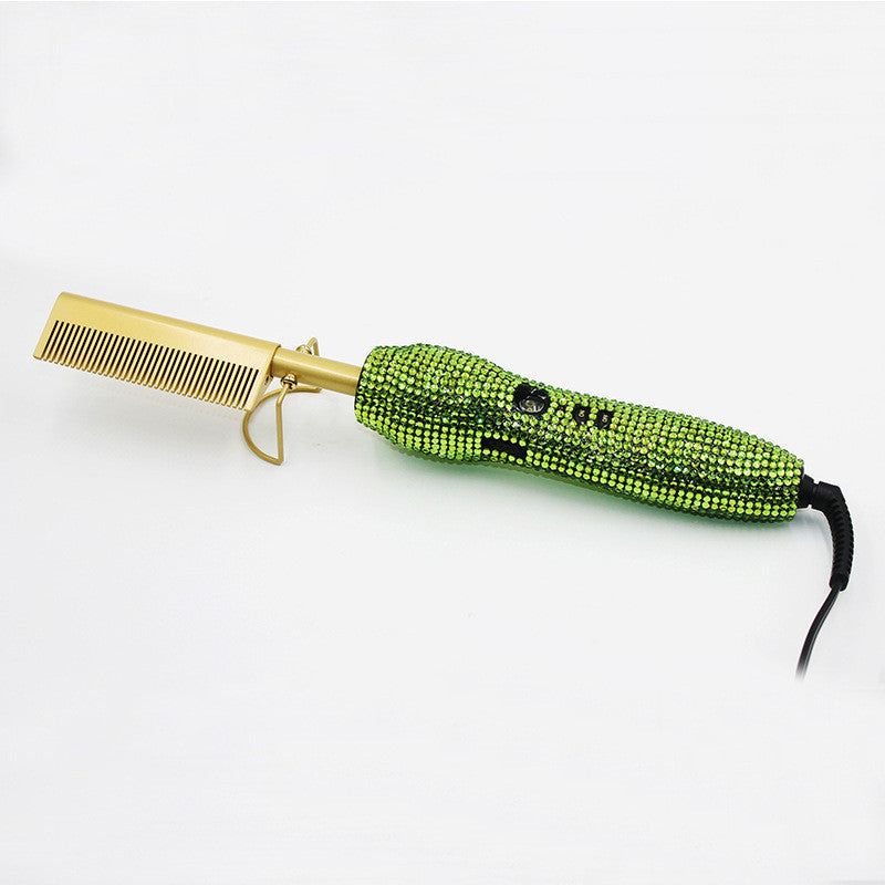 Peine de peluquería para rizos y lisos con diamantes de imitación de cristal, set dual de peine y plancha para el cabello con diamantes dorados