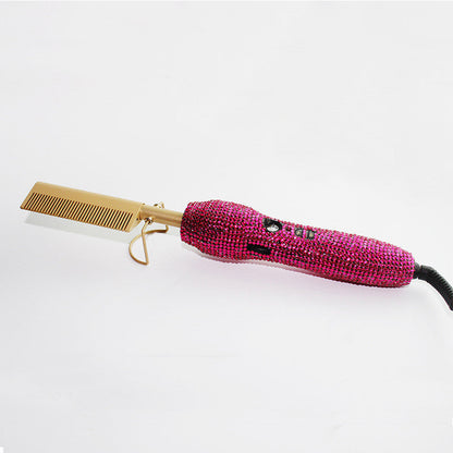 Peine de peluquería para rizos y lisos con diamantes de imitación de cristal, set dual de peine y plancha para el cabello con diamantes dorados