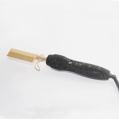 Peine de peluquería para rizos y lisos con diamantes de imitación de cristal, set dual de peine y plancha para el cabello con diamantes dorados