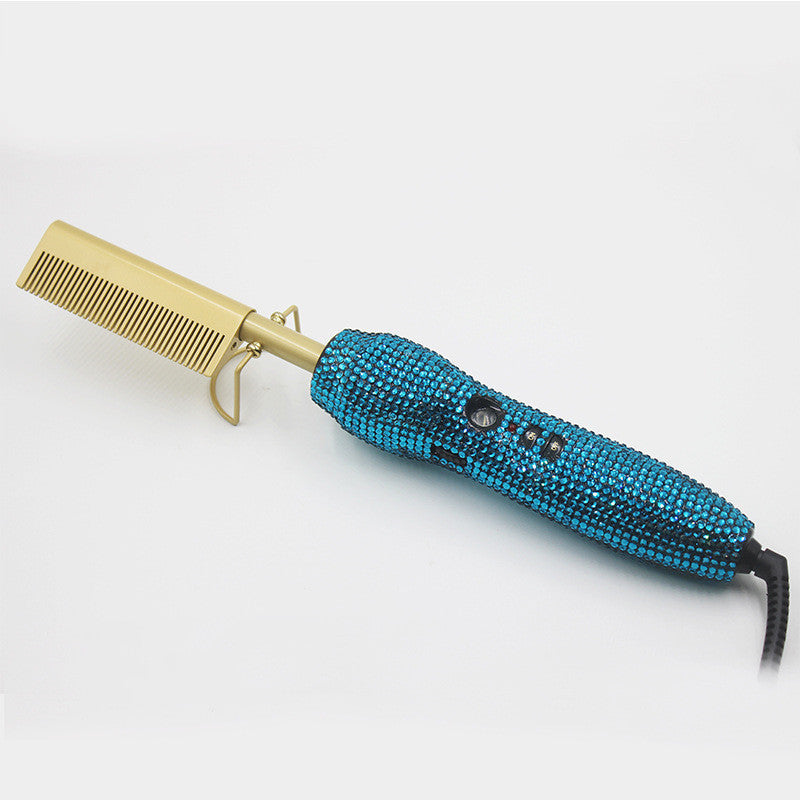 Peine de peluquería para rizos y lisos con diamantes de imitación de cristal, set dual de peine y plancha para el cabello con diamantes dorados