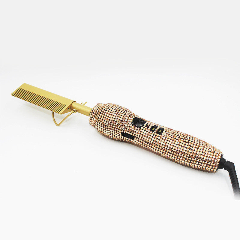 Peine de peluquería para rizos y lisos con diamantes de imitación de cristal, set dual de peine y plancha para el cabello con diamantes dorados