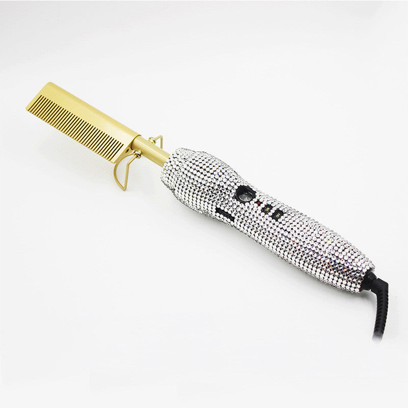 Peine de peluquería para rizos y lisos con diamantes de imitación de cristal, set dual de peine y plancha para el cabello con diamantes dorados