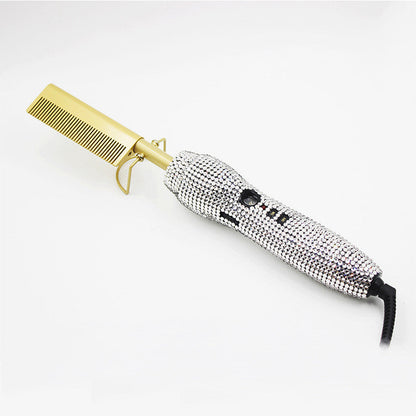 Peine de peluquería para rizos y lisos con diamantes de imitación de cristal, set dual de peine y plancha para el cabello con diamantes dorados