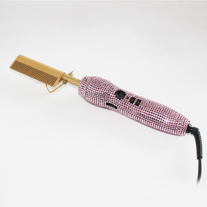 Peine de peluquería para rizos y lisos con diamantes de imitación de cristal, set dual de peine y plancha para el cabello con diamantes dorados