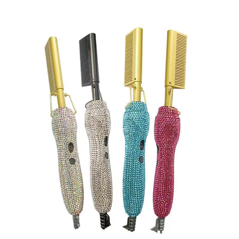 Peine de peluquería para rizos y lisos con diamantes de imitación de cristal, set dual de peine y plancha para el cabello con diamantes dorados