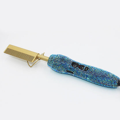 Peine de peluquería para rizos y lisos con diamantes de imitación de cristal, set dual de peine y plancha para el cabello con diamantes dorados