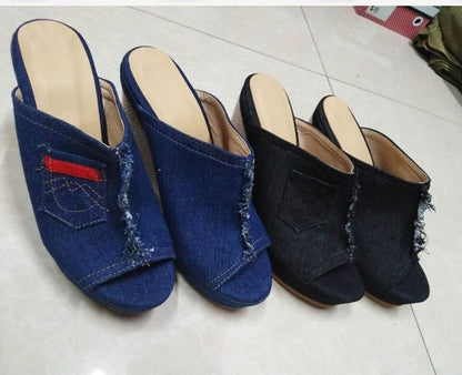 Sandales compensées d'été pour femmes, en jean, à talons hauts et bout ouvert