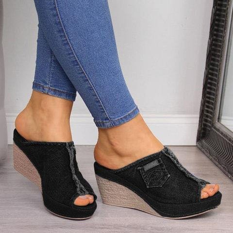 Sandales compensées d'été pour femmes, en jean, à talons hauts et bout ouvert